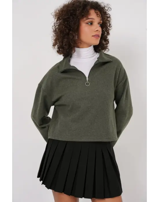 55449 Fermuarlı Yaka Örme Sweatshirt - Haki
