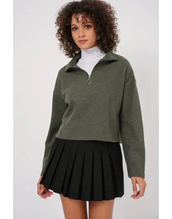 55449 Fermuarlı Yaka Örme Sweatshirt - Haki