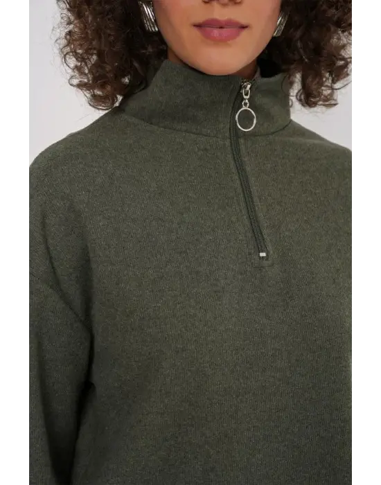 55449 Fermuarlı Yaka Örme Sweatshirt - Haki