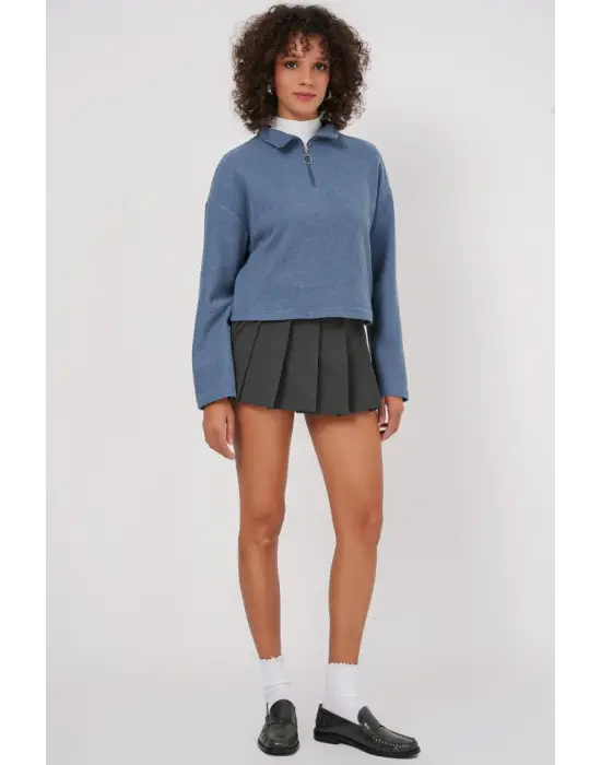 55449 Fermuarlı Yaka Örme Sweatshirt - İndigo