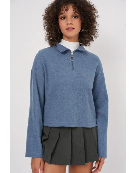 55449 Fermuarlı Yaka Örme Sweatshirt - İndigo