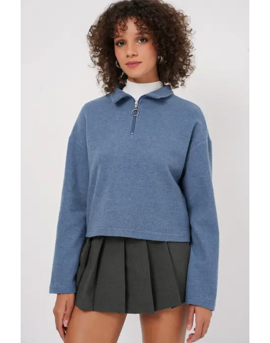 55449 Fermuarlı Yaka Örme Sweatshirt - İndigo