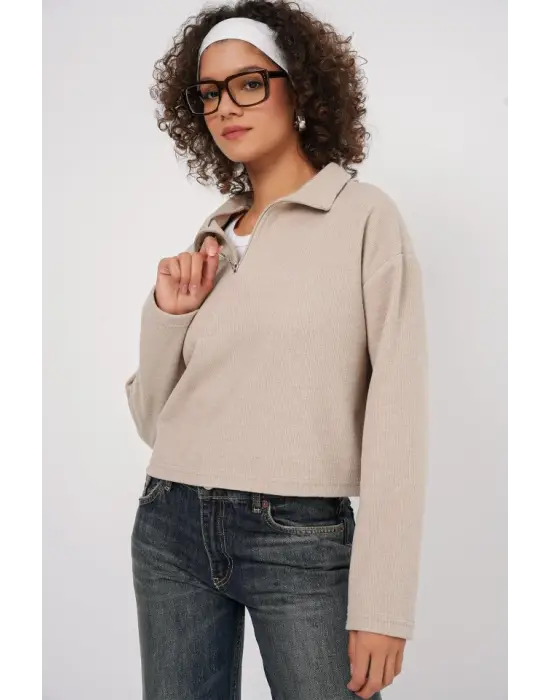 55449 Fermuarlı Yaka Örme Sweatshirt - Krem
