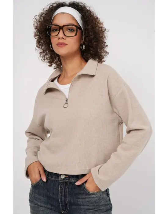 55449 Fermuarlı Yaka Örme Sweatshirt - Krem