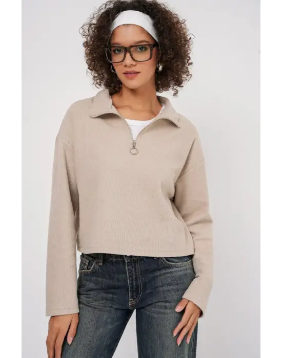 55449 Fermuarlı Yaka Örme Sweatshirt - Krem