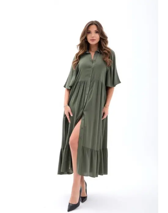 Omarı Feminin Şıklığıyla Öne Çıkan Haki Elbise