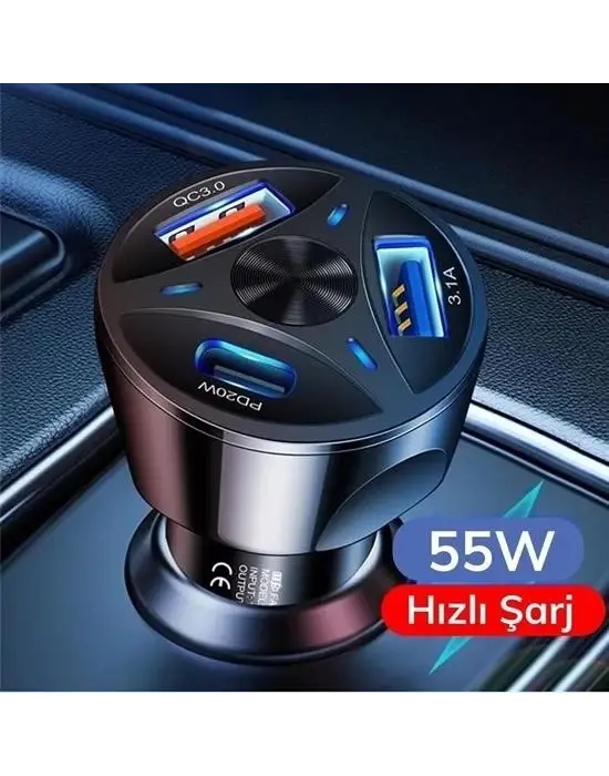 55w 3 Port Usb Araç İçin Telefon Şarj Cihazı 3 Girişli Çakmaklık Adaptör-31a Pd 20w Qc 30