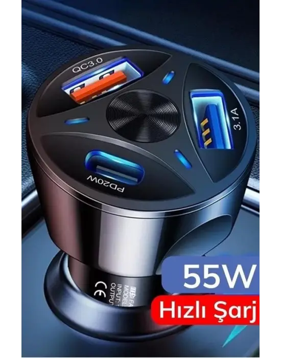 55w 3 Port Usb Araç İçin Telefon Şarj Cihazı 3 Girişli Çakmaklık Adaptör-31a Pd 20w Qc 30