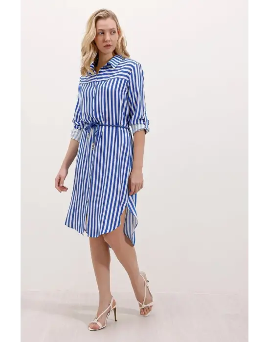 5629 Çizgili Kemerli Elbise - Saks