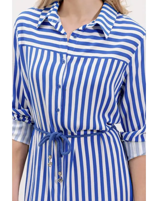 5629 Çizgili Kemerli Elbise - Saks