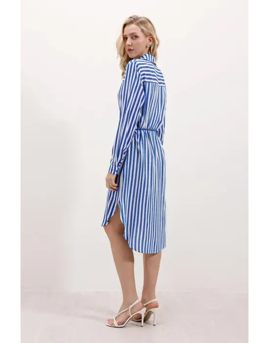 5629 Çizgili Kemerli Elbise - Saks