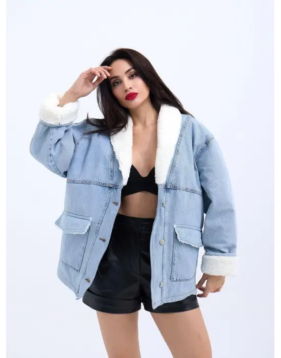 Omarı Modern Mavi Kot Ceket Stili