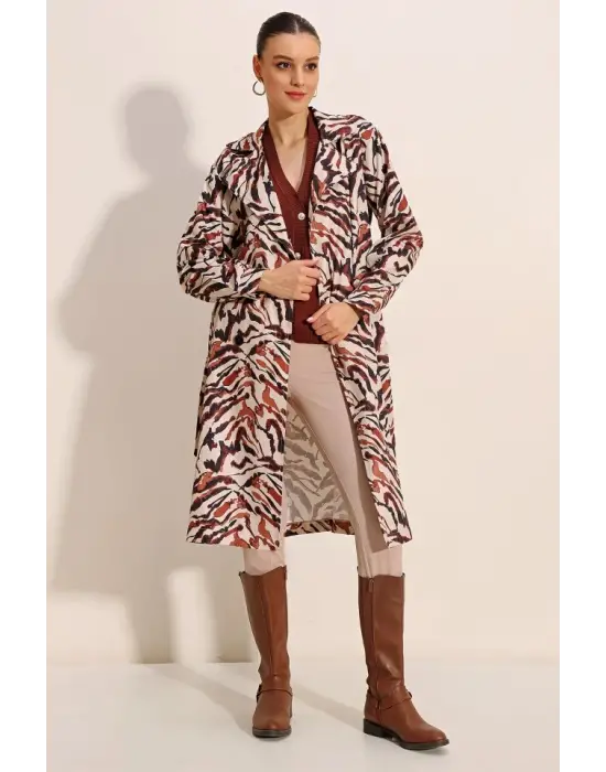 5853 Desenli Kruvaze Yaka Trençkot - C. Bej