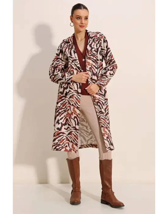 5853 Desenli Kruvaze Yaka Trençkot - C. Bej