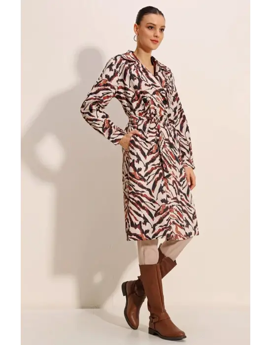 5853 Desenli Kruvaze Yaka Trençkot - C. Bej