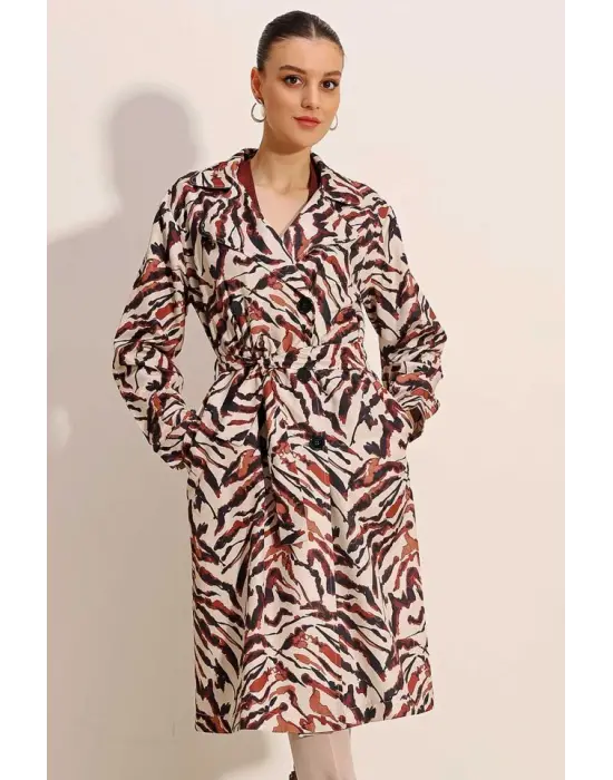 5853 Desenli Kruvaze Yaka Trençkot - C. Bej