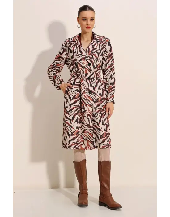 5853 Desenli Kruvaze Yaka Trençkot - C. Bej