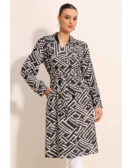 5853 Desenli Kruvaze Yaka Trençkot - C. Siyah