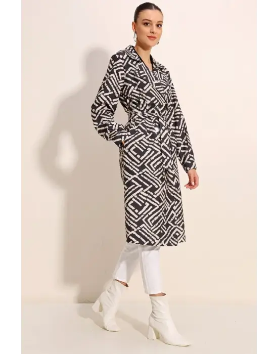 5853 Desenli Kruvaze Yaka Trençkot - C. Siyah