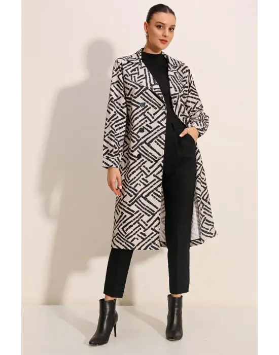 5853 Desenli Kruvaze Yaka Trençkot - C.Beyaz