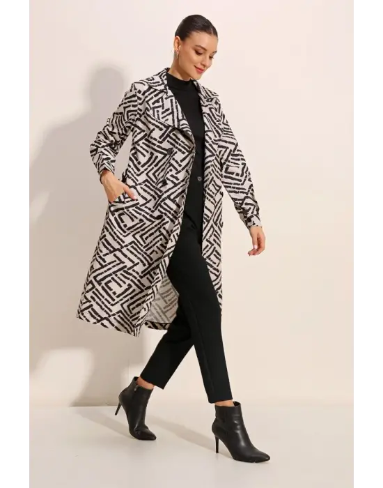 5853 Desenli Kruvaze Yaka Trençkot - C.Beyaz