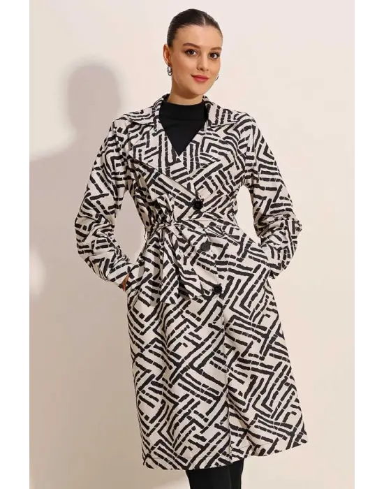 5853 Desenli Kruvaze Yaka Trençkot - C.Beyaz