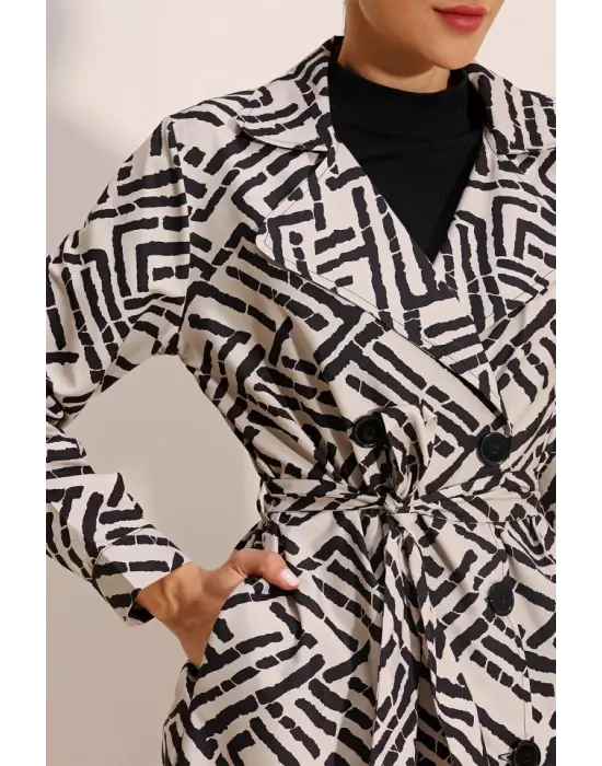 5853 Desenli Kruvaze Yaka Trençkot - C.Beyaz