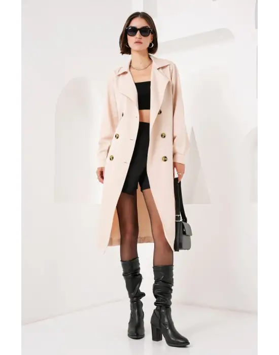 5853 Kruvaze Yaka Trençkot - Bej