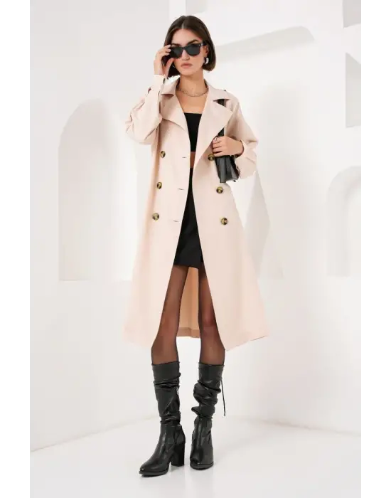 5853 Kruvaze Yaka Trençkot - Bej