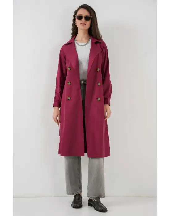 5853 Kruvaze Yaka Trençkot - Bordo