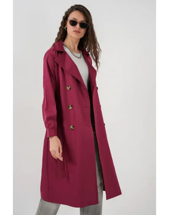 5853 Kruvaze Yaka Trençkot - Bordo