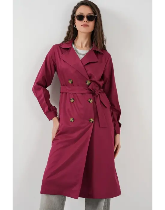 5853 Kruvaze Yaka Trençkot - Bordo