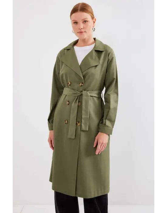 5853 Kruvaze Yaka Trençkot - Haki