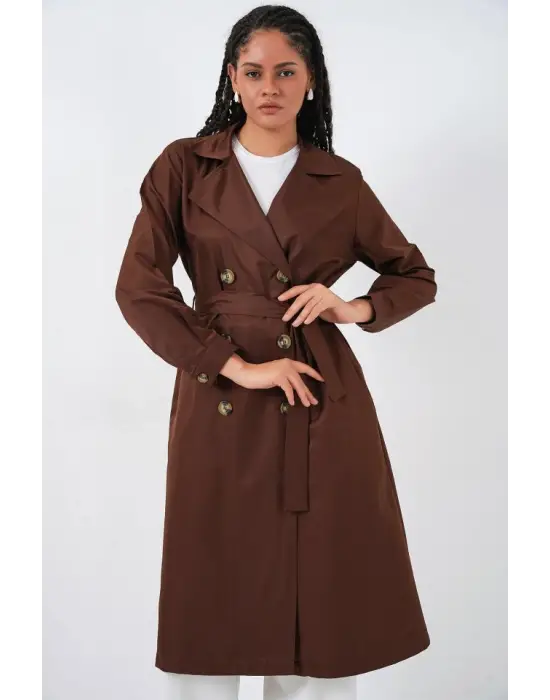 5853 Kruvaze Yaka Trençkot - Kahverengi