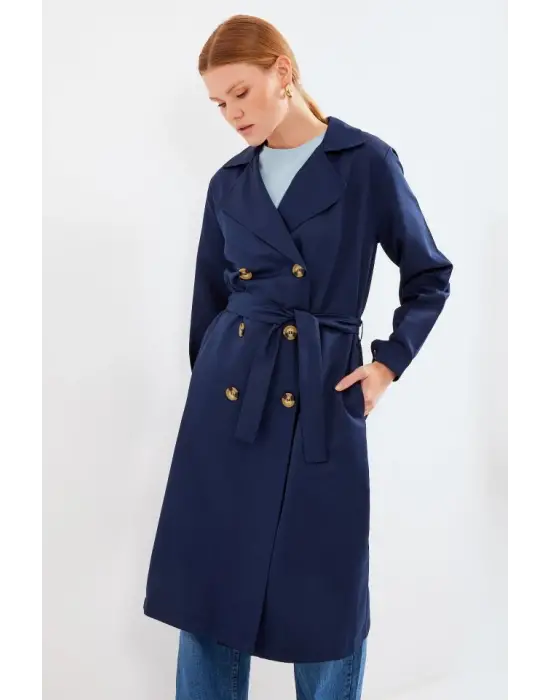 5853 Kruvaze Yaka Trençkot - Lacivert