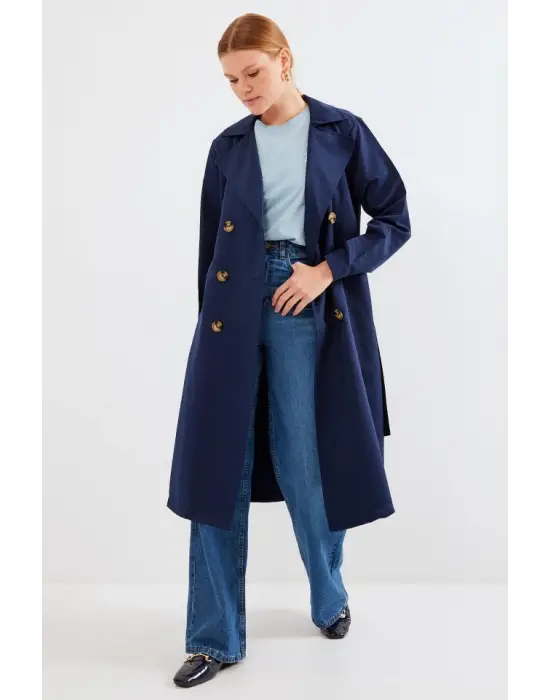 5853 Kruvaze Yaka Trençkot - Lacivert