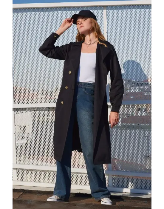 5853 Kruvaze Yaka Trençkot - Siyah