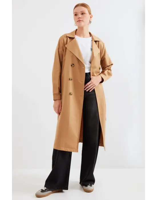 5853 Kruvaze Yaka Trençkot - Taba