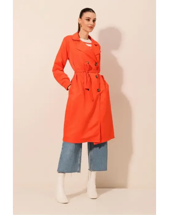 5853 Kruvaze Yaka Trençkot - Turuncu