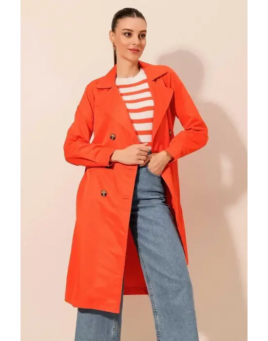 5853 Kruvaze Yaka Trençkot - Turuncu
