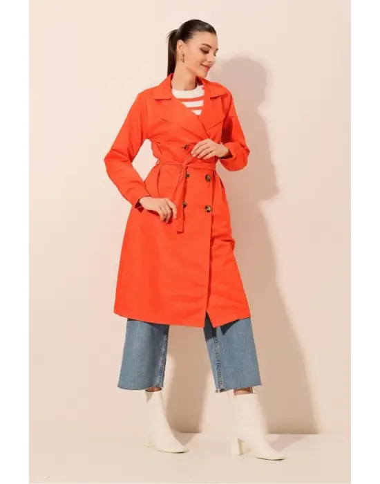 5853 Kruvaze Yaka Trençkot - Turuncu