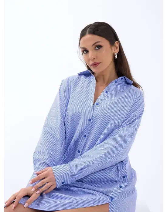 Omarı Mavi Beyaz Çizgili Özel Tasarım Elbise