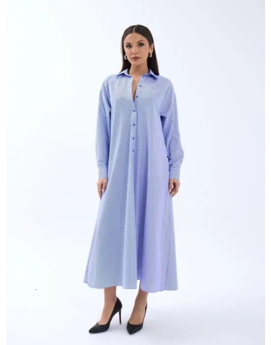 Omarı Mavi Beyaz Çizgili Özel Tasarım Elbise