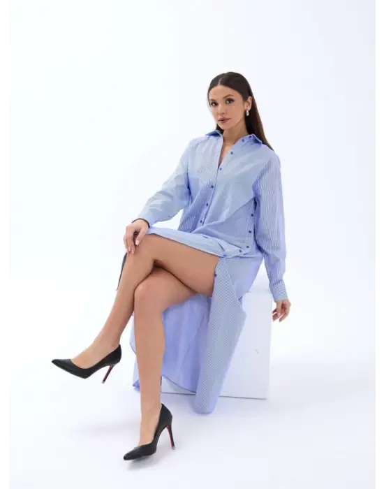 Omarı Mavi Beyaz Çizgili Özel Tasarım Elbise