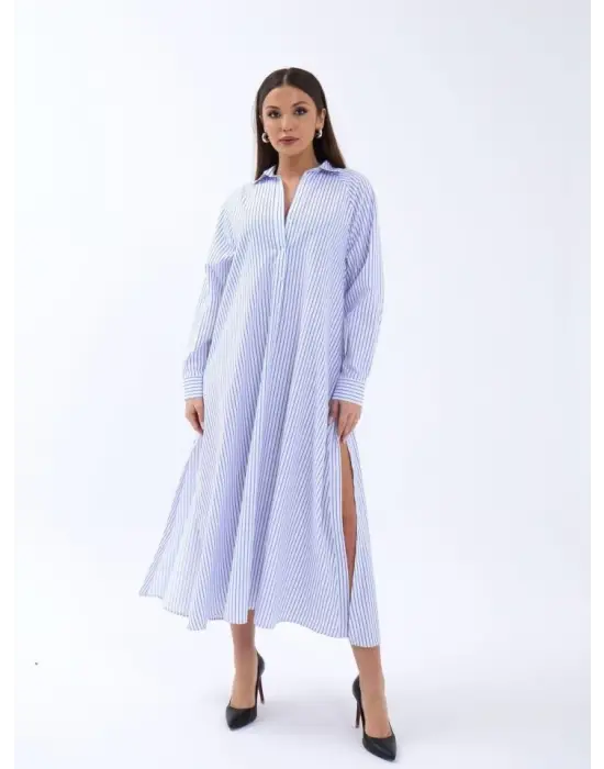 Omarı Klasik Çizgili Elbise