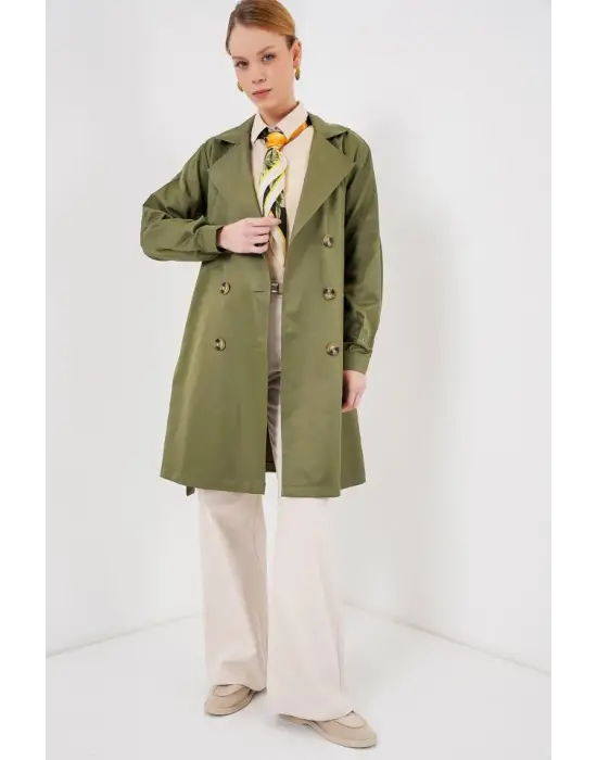 5864 Kruvaze Yaka Kısa Trençkot - Haki