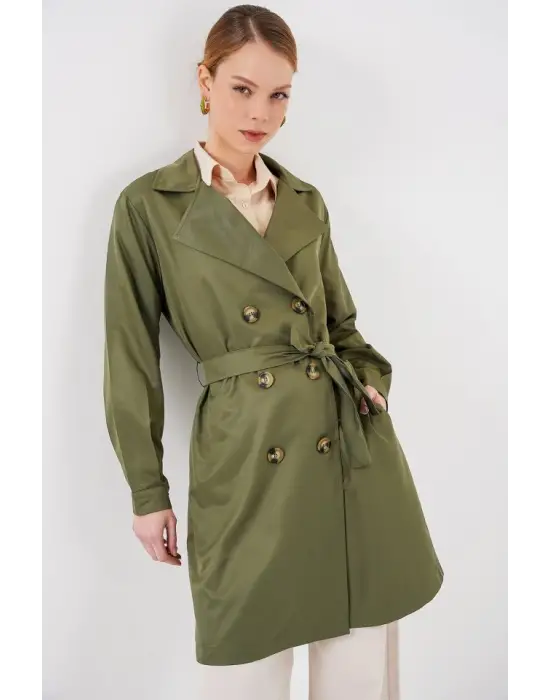 5864 Kruvaze Yaka Kısa Trençkot - Haki