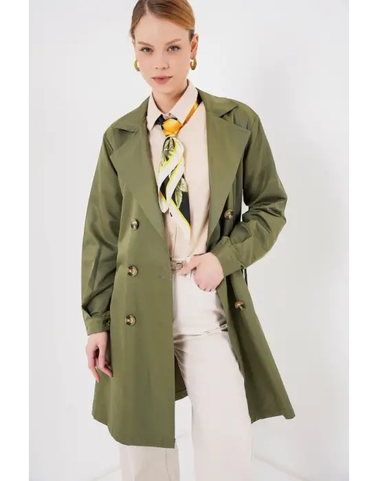 5864 Kruvaze Yaka Kısa Trençkot - Haki