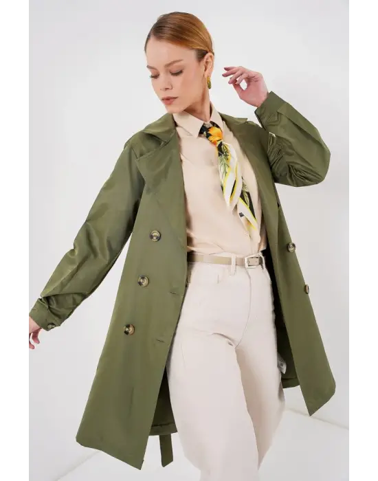 5864 Kruvaze Yaka Kısa Trençkot - Haki