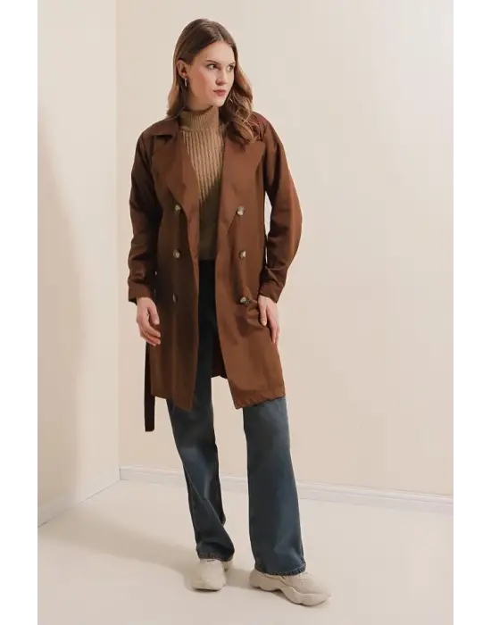 5864 Kruvaze Yaka Kısa Trençkot - Kahverengi